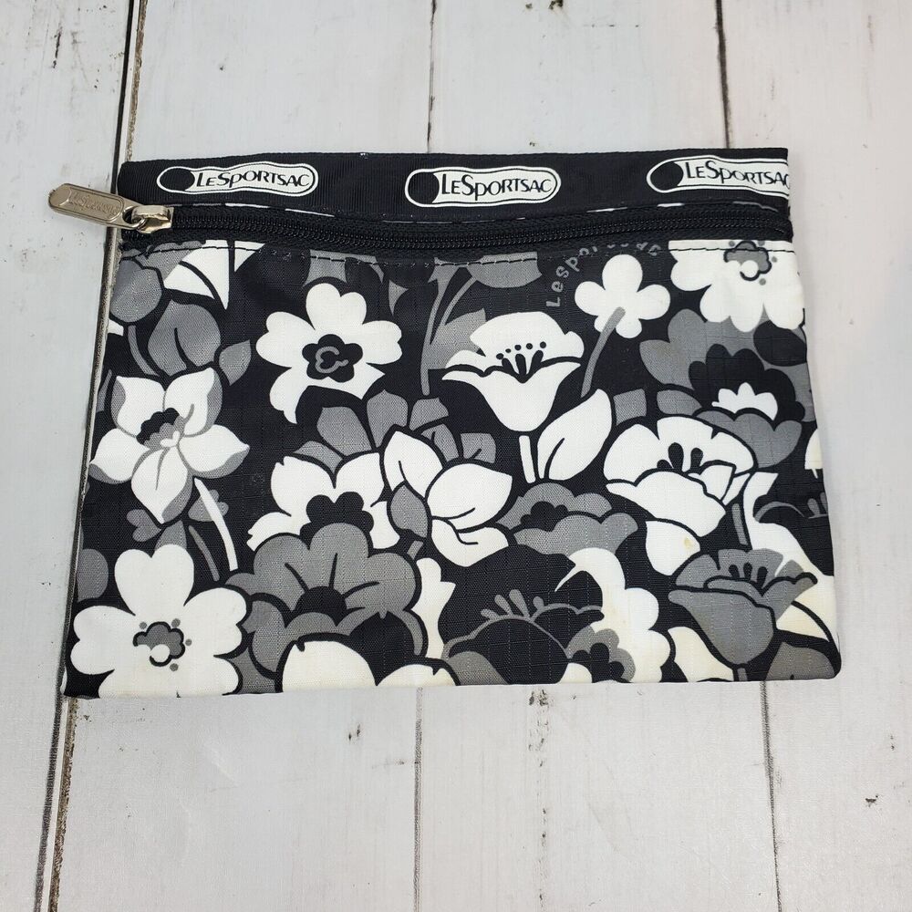 LeSportsac Shadow Blossom Floral Travel Pouch Small Black White Grey Used